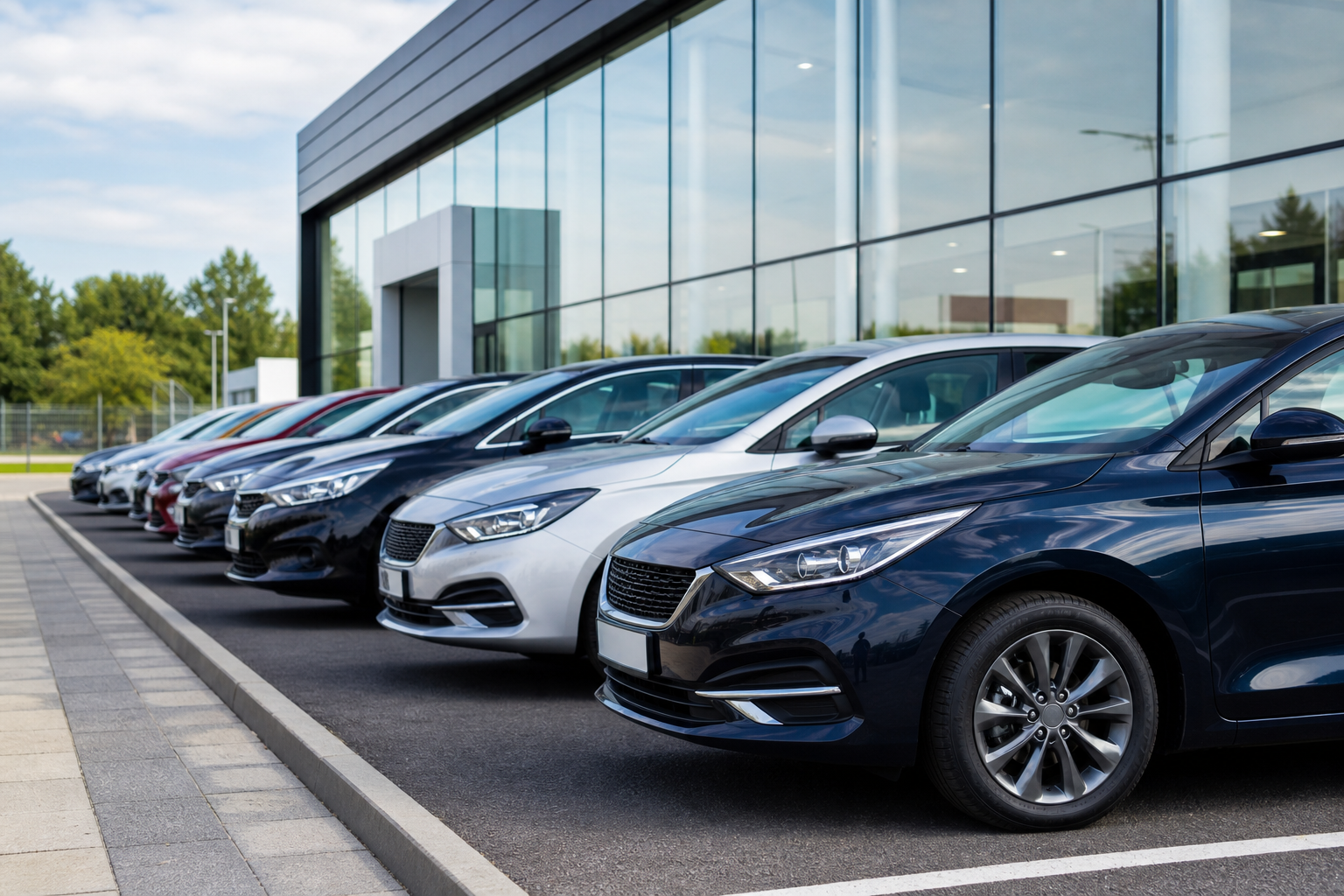 A variety of sedans parked in a dealership showcasing different models.