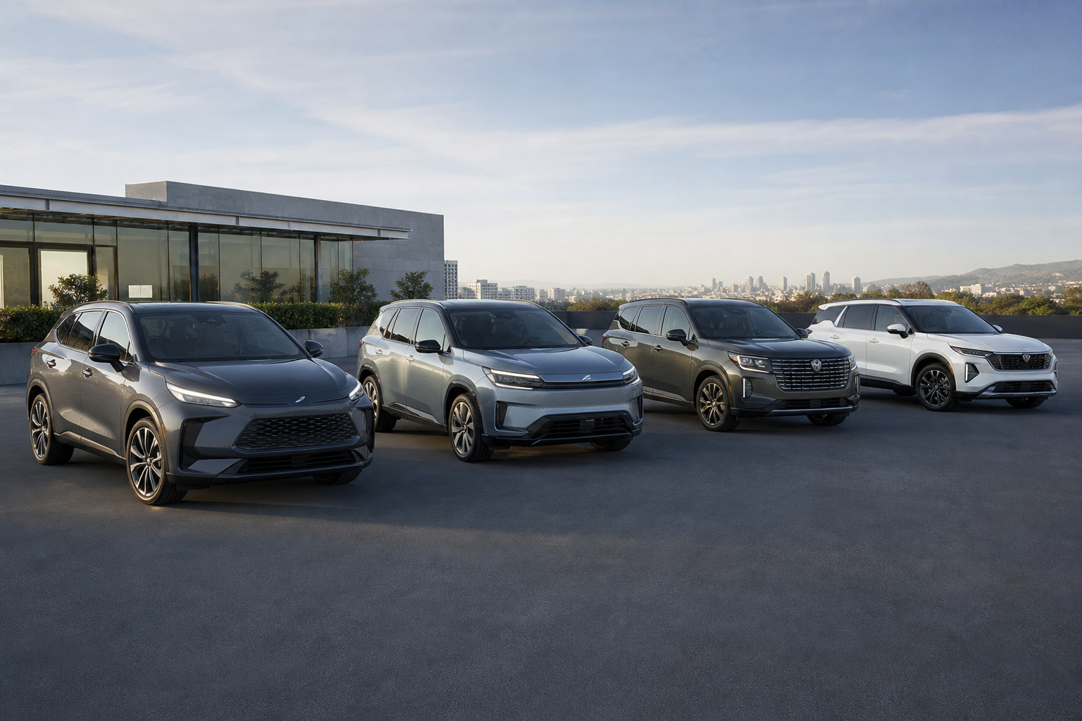 A lineup of the best hybrid SUVs for 2026 parked in a dealership